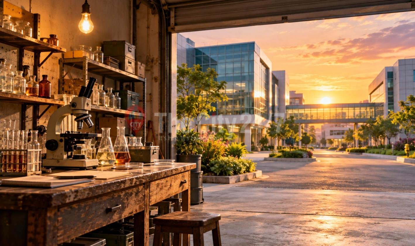 A garage workbench with a microscope, flasks and glassware, opening onto a modern glass biotech campus at sunset