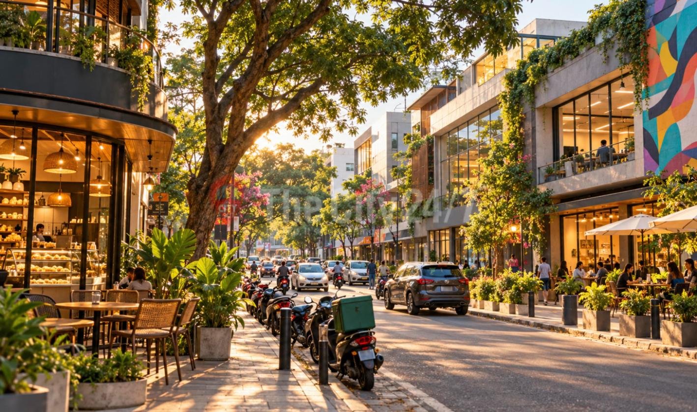 A tree-lined street at golden hour with a bakery cafe, outdoor tables, parked scooters, a delivery bike and a glass office building with a colourful mural