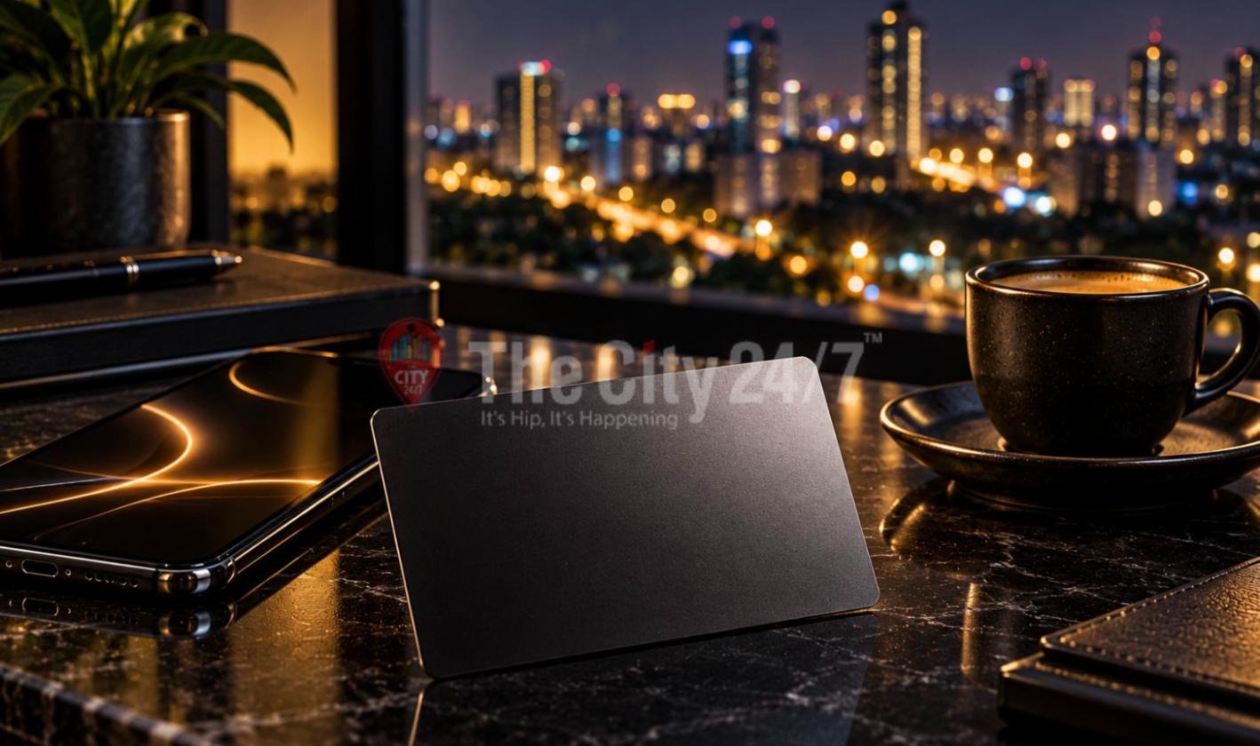 A matte black card propped on a black marble table beside a smartphone and an espresso cup, with a night city skyline behind