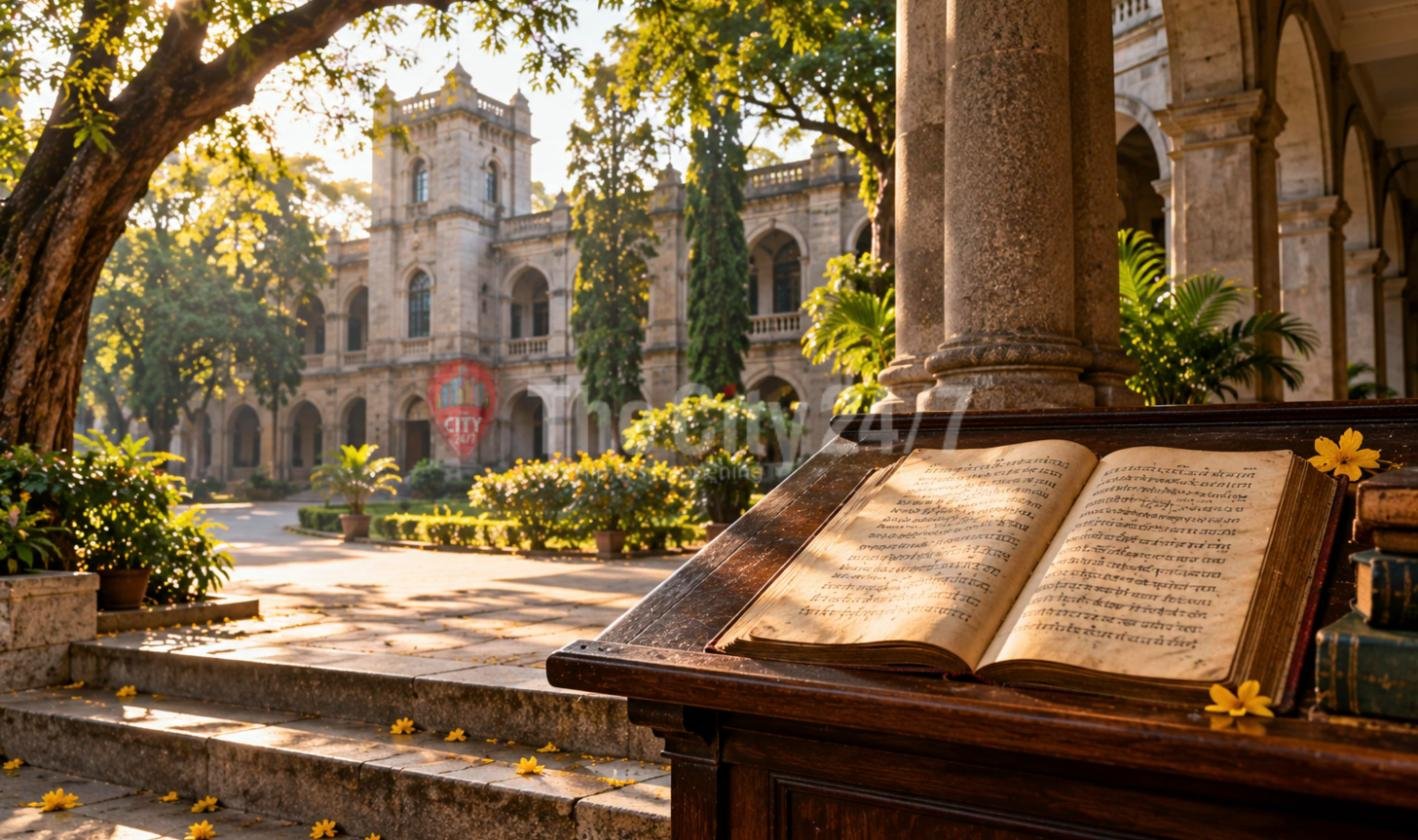 An old book open on a wooden lectern under a colonnade, facing a stone college building with arched windows and a garden in morning light