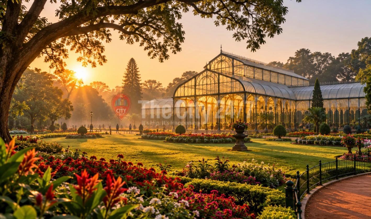 The Lalbagh Glass House at sunrise, with lawns, flowerbeds of red and pink blooms, morning walkers and large old trees
