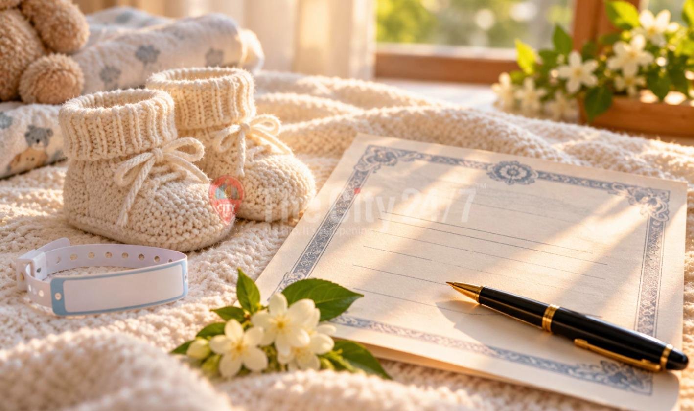 Knitted baby booties, a hospital ID band and jasmine flowers on a blanket beside a blank bordered certificate and a fountain pen