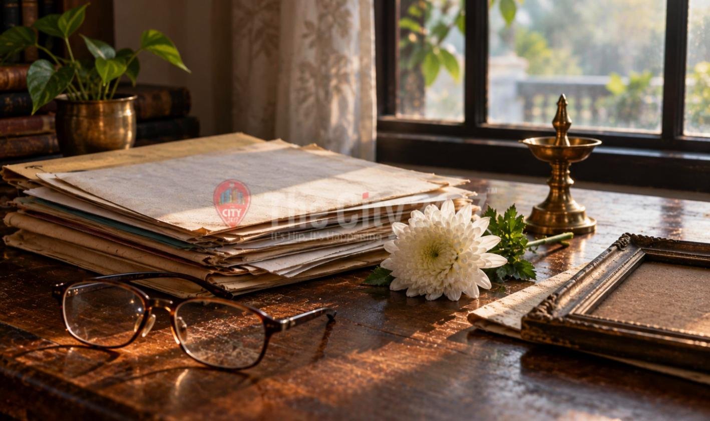 A stack of old papers on a wooden desk by a window, with reading glasses, a white chrysanthemum, a brass lamp and a photo frame