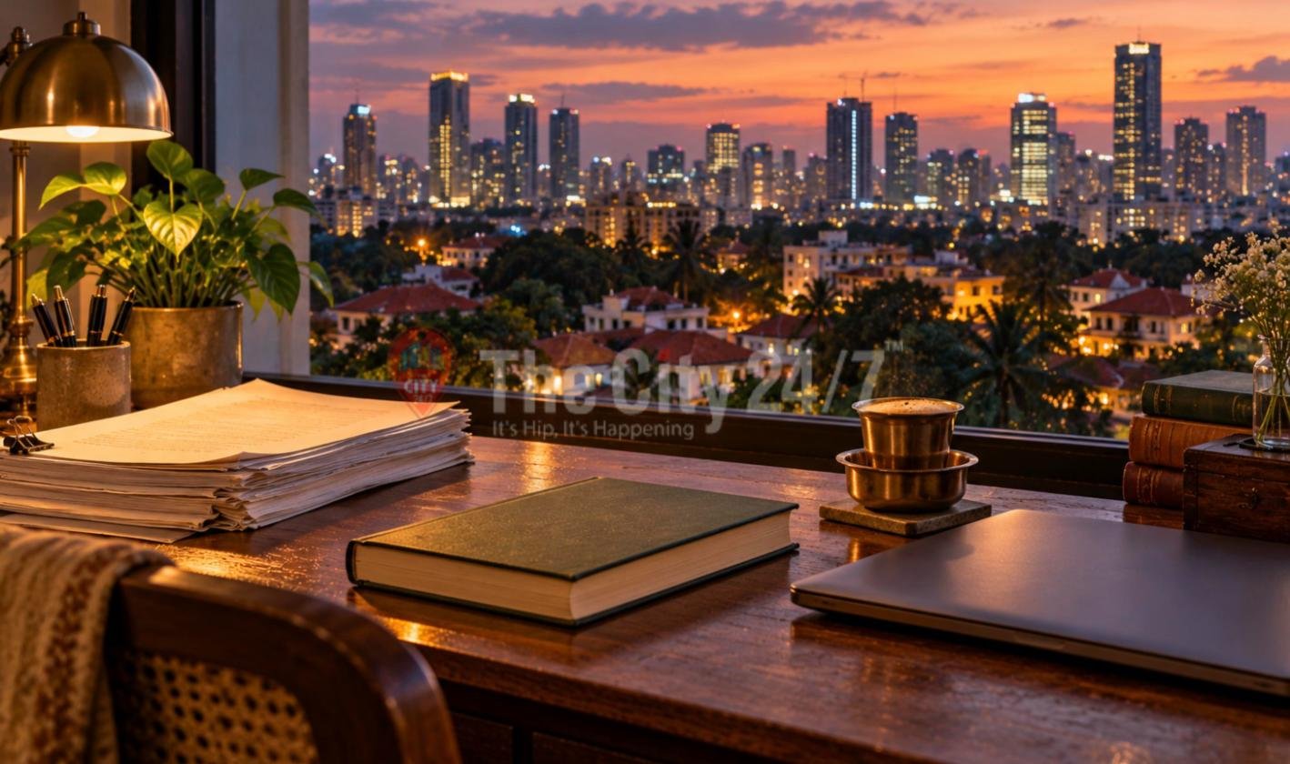 A writer's desk at dusk with a manuscript, a green hardbound book, a filter coffee tumbler and a laptop, overlooking the lit city skyline