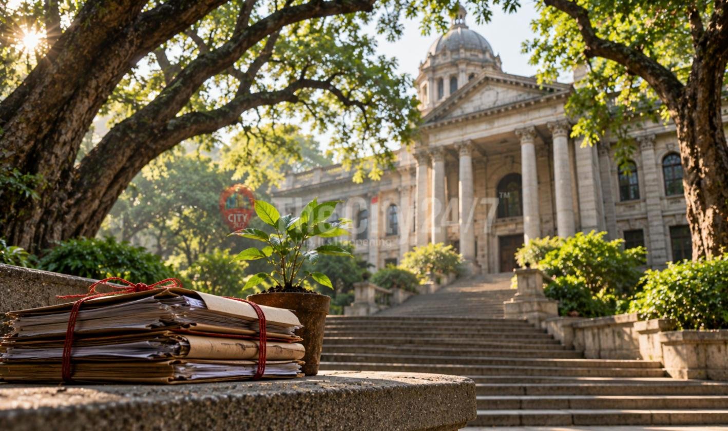 A bundle of case files tied with red string beside a potted sapling on a stone ledge, below the steps of a domed colonnaded court building framed by old trees