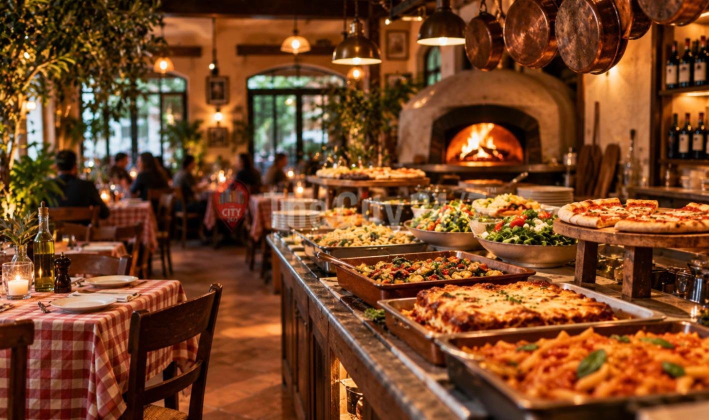 A warm-lit Italian restaurant with a buffet counter of lasagne, pasta, salads and pizza in front of a wood-fired oven, beside tables with red checked cloths