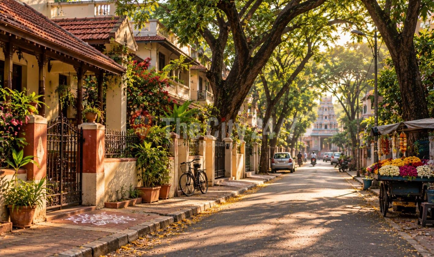 A quiet tree-lined street of old tiled-roof houses with a rangoli at a gate, a parked bicycle and a flower cart, with a temple gopuram at the far end
