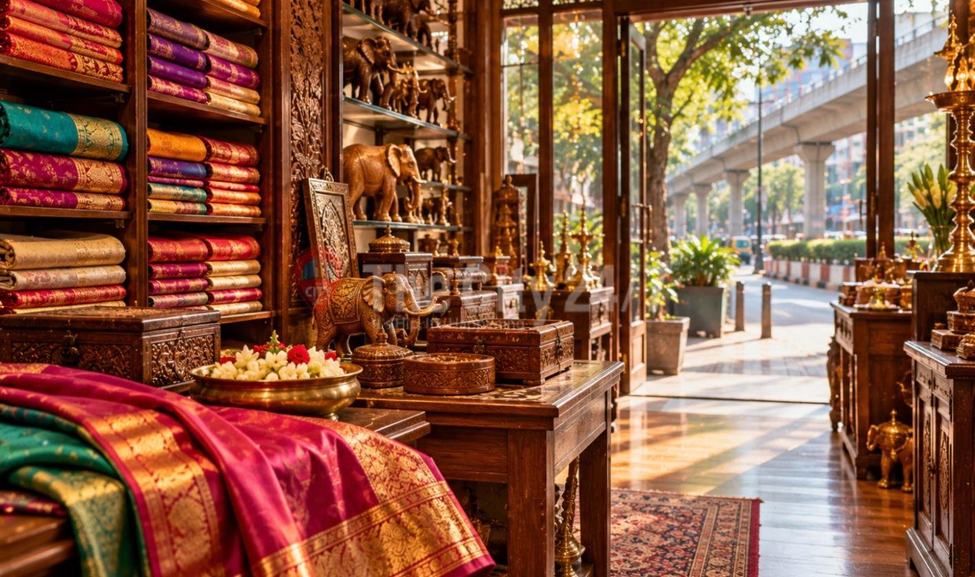 A heritage shop with shelves of folded silk saris, carved wooden elephants, sandalwood boxes and brass lamps, its open doors facing a tree-lined street and an elevated metro line