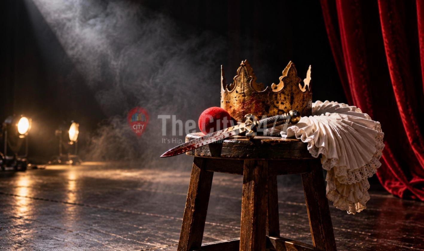 A tarnished gold crown, a bloodied dagger, a red clown nose and a lace ruff on a wooden stool on a smoky stage beside a red curtain