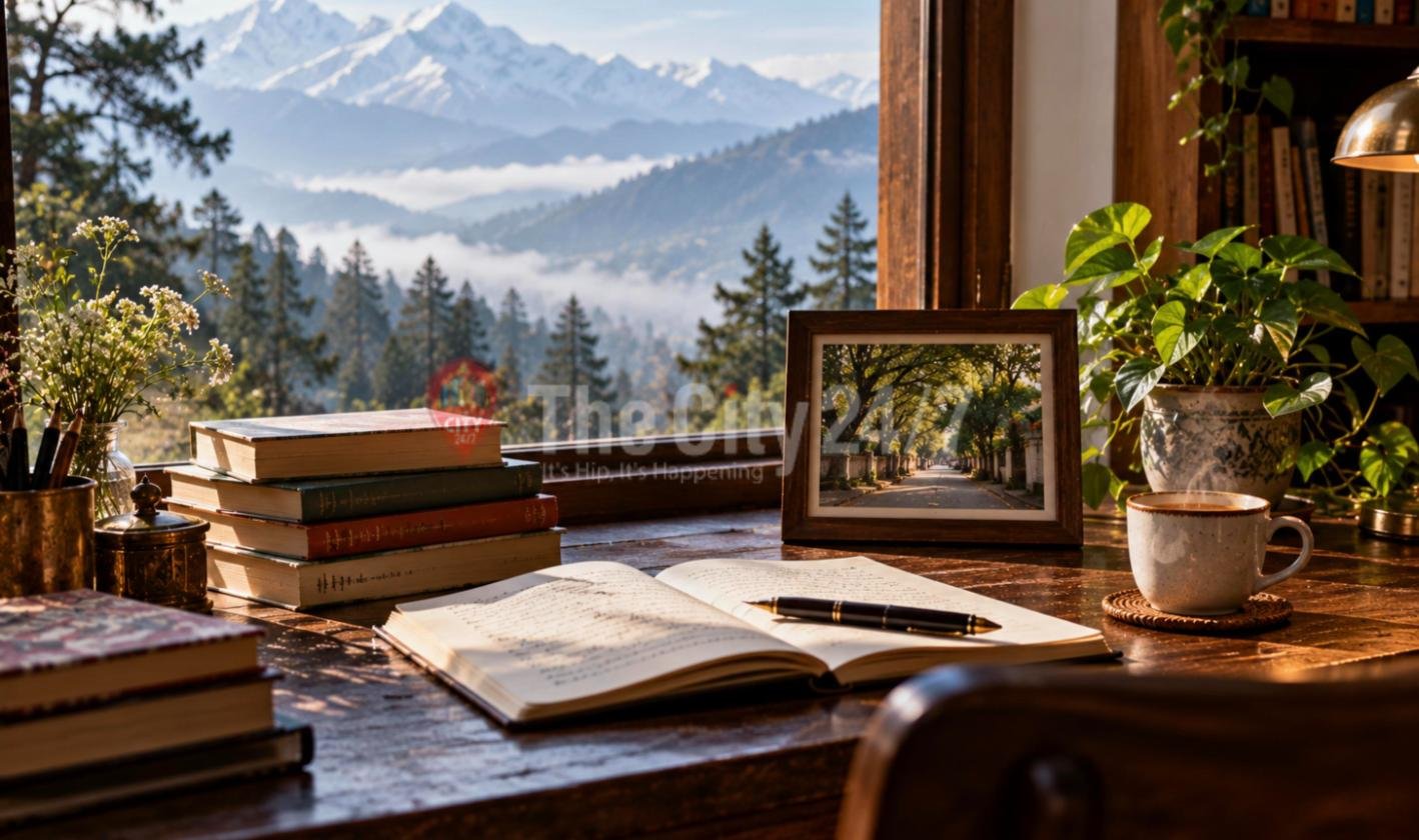 A writer's desk with an open notebook, a fountain pen, stacked books, a framed photo of a tree-lined street and a cup of tea, by a window with snowy mountains