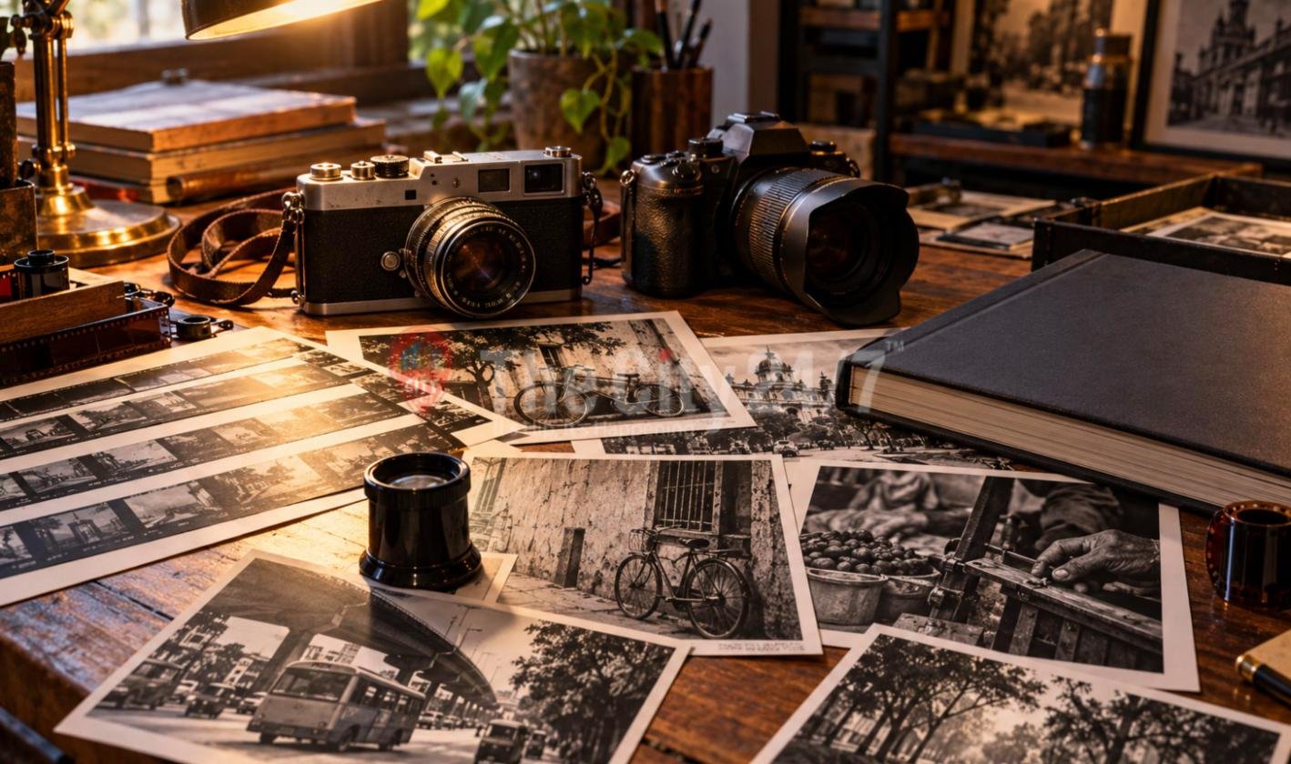 A wooden desk covered in black-and-white street photographs, contact sheets, a loupe, two cameras and a hardbound photo book under a brass lamp