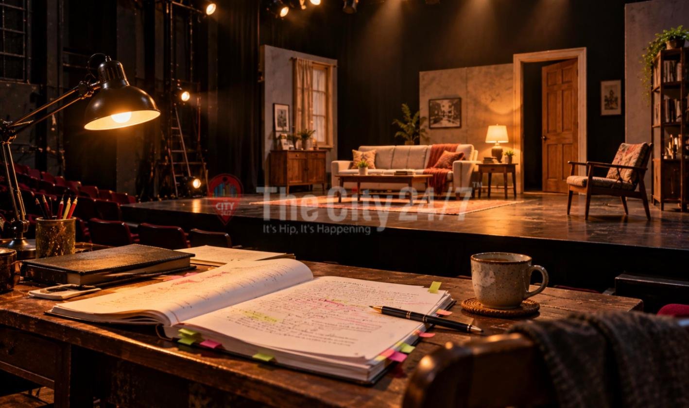 A desk with an annotated script, sticky tabs, pencils and a cup of coffee, facing a theatre stage set as a lamp-lit living room
