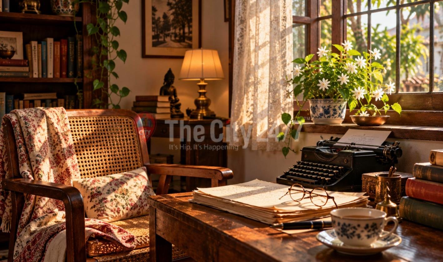 A sunlit writing corner with a cane armchair and floral shawl, a vintage typewriter, a stack of handwritten pages with round spectacles, a cup of tea and jasmine on the windowsill