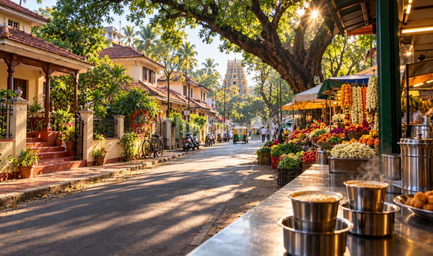 A shaded old street of tiled-roof houses at sunrise, with flower and vegetable stalls, steel filter coffee tumblers on a counter and a temple gopuram at the end of the road