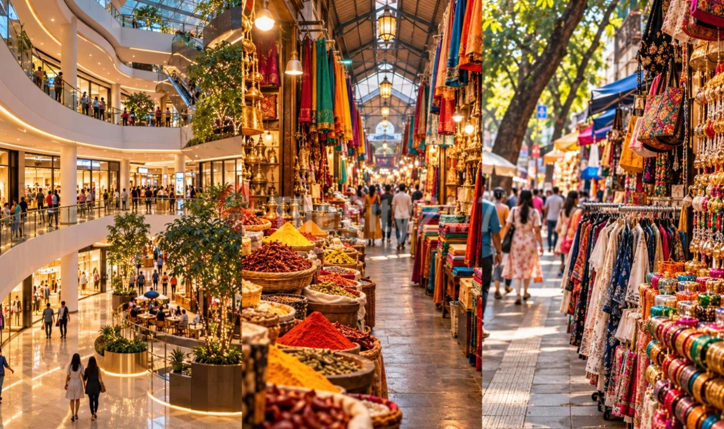 Three shopping scenes side by side: a bright multi-level mall atrium, a covered market with heaps of spices and hanging fabrics, and a tree-lined street with clothes racks and bangle stalls