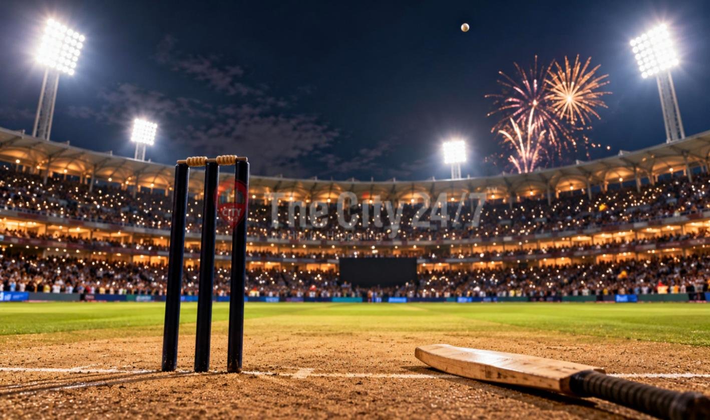 Stumps and a cricket bat on the pitch of a packed floodlit stadium at night, with fireworks bursting above the stands