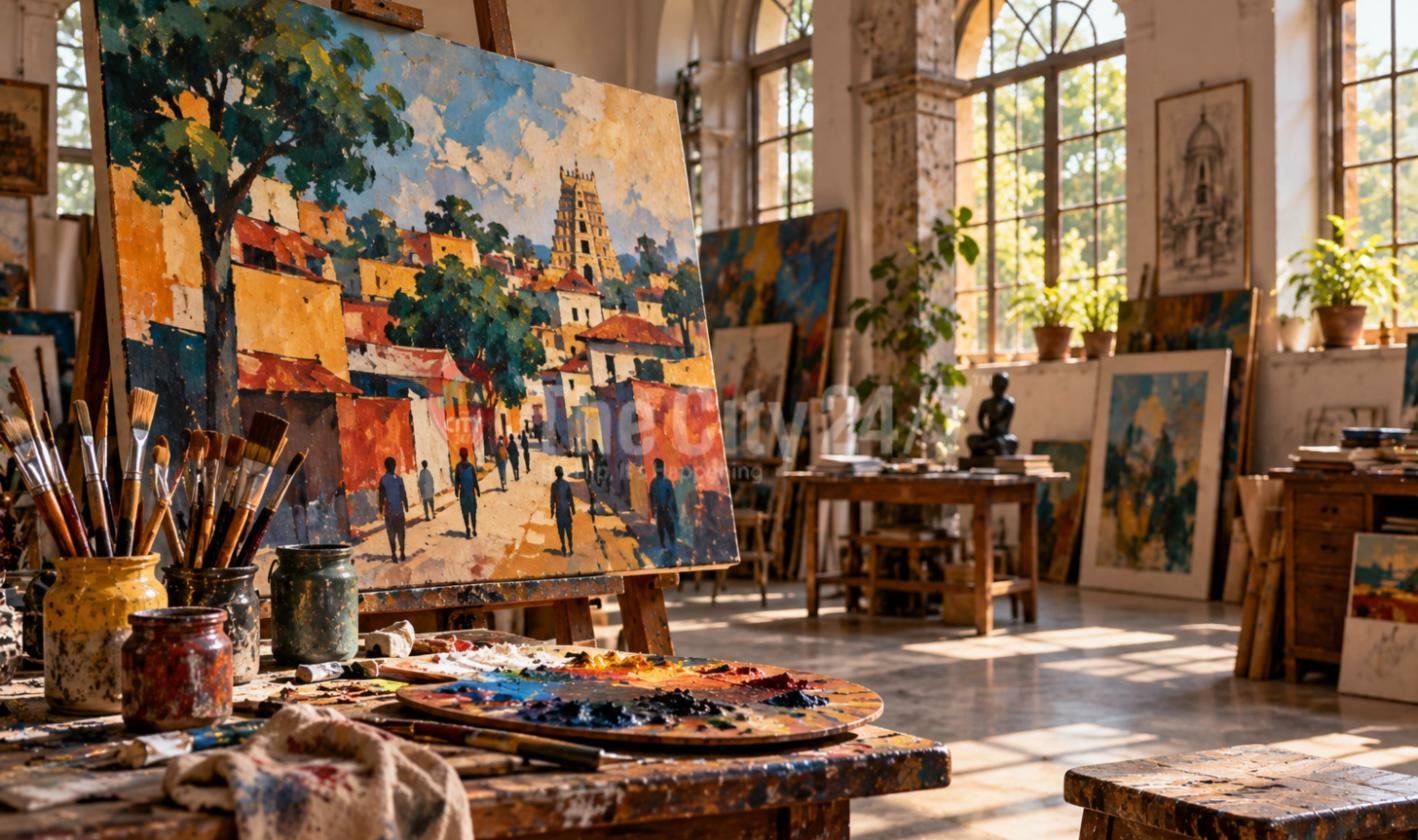 A sunlit painter's studio with an easel holding a colourful oil painting of a street leading to a temple tower, jars of brushes and a paint-covered palette in front