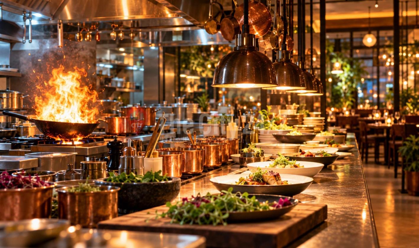A restaurant open kitchen with flames rising from a wok, copper pans and plated dishes with fresh greens under copper lamps, beside a warmly lit dining room