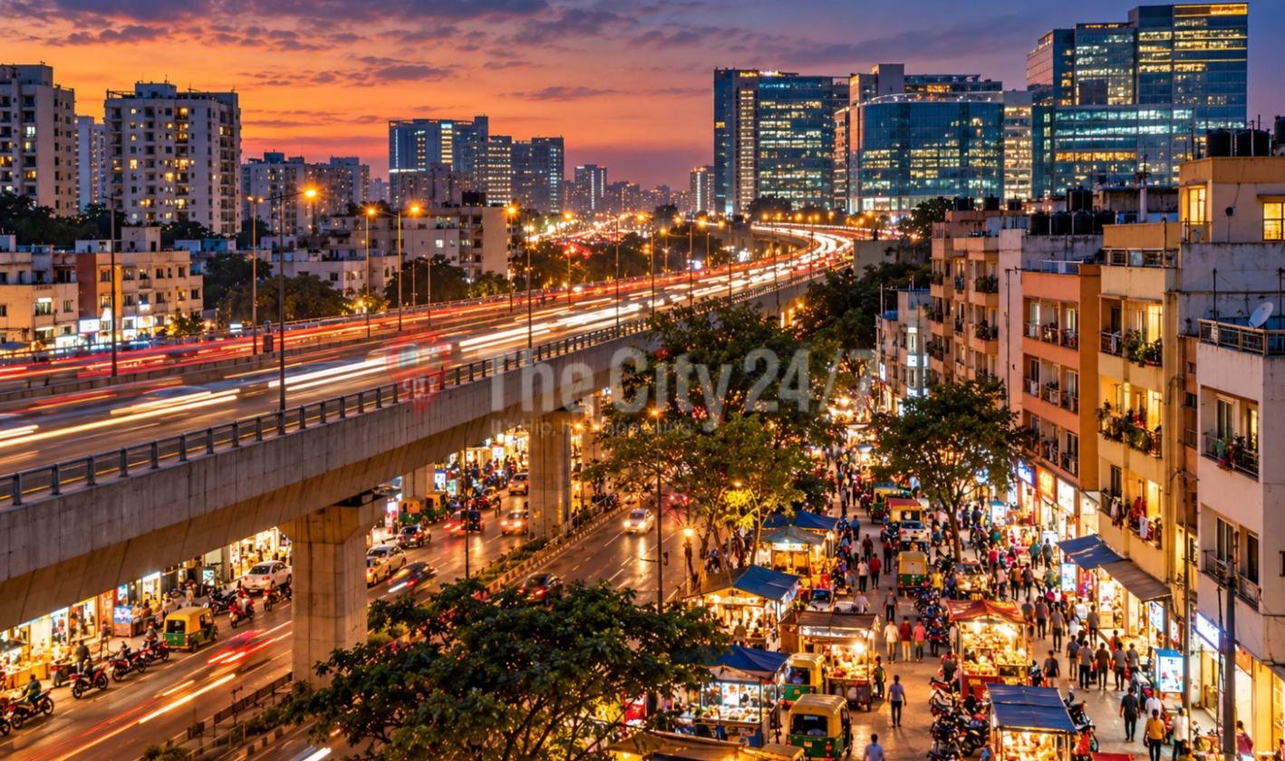A flyover with streaks of traffic light at dusk beside a crowded street of food stalls, autorickshaws and apartment blocks, with glass office towers behind
