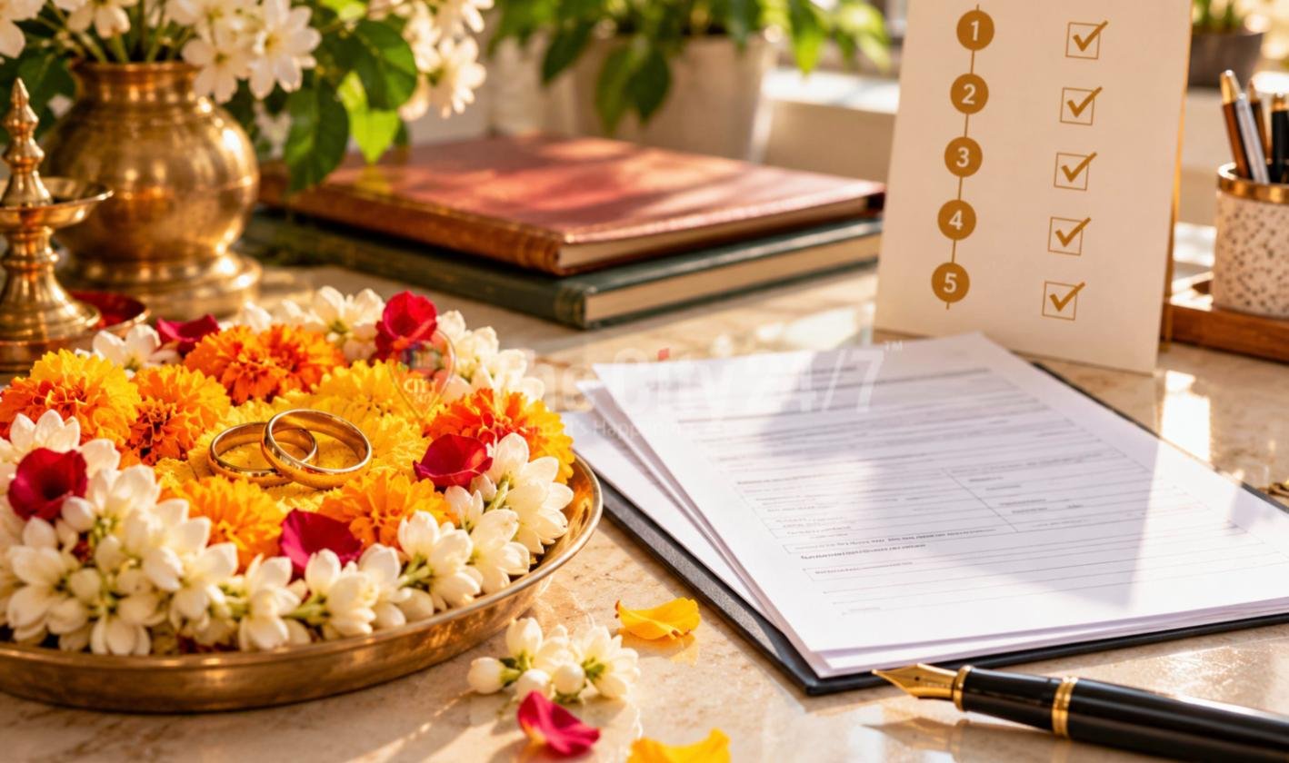 Two gold wedding rings on a brass plate of marigolds and jasmine beside a stack of forms, a fountain pen and a card with five numbered, ticked steps