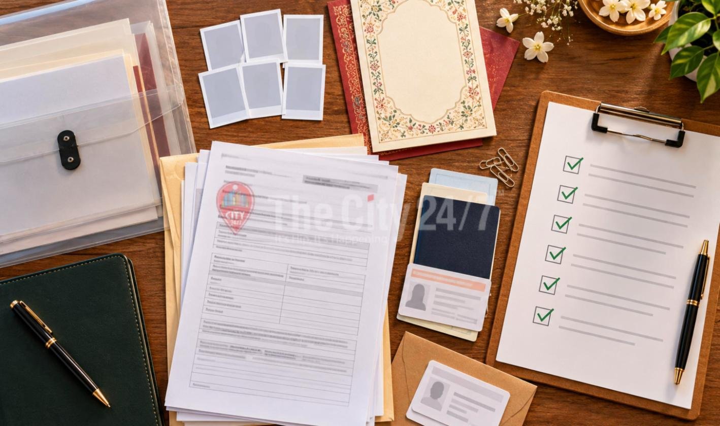 A flat lay of forms, passport photos, ID cards, a passport, a wedding card and a clipboard checklist with green ticks on a wooden desk