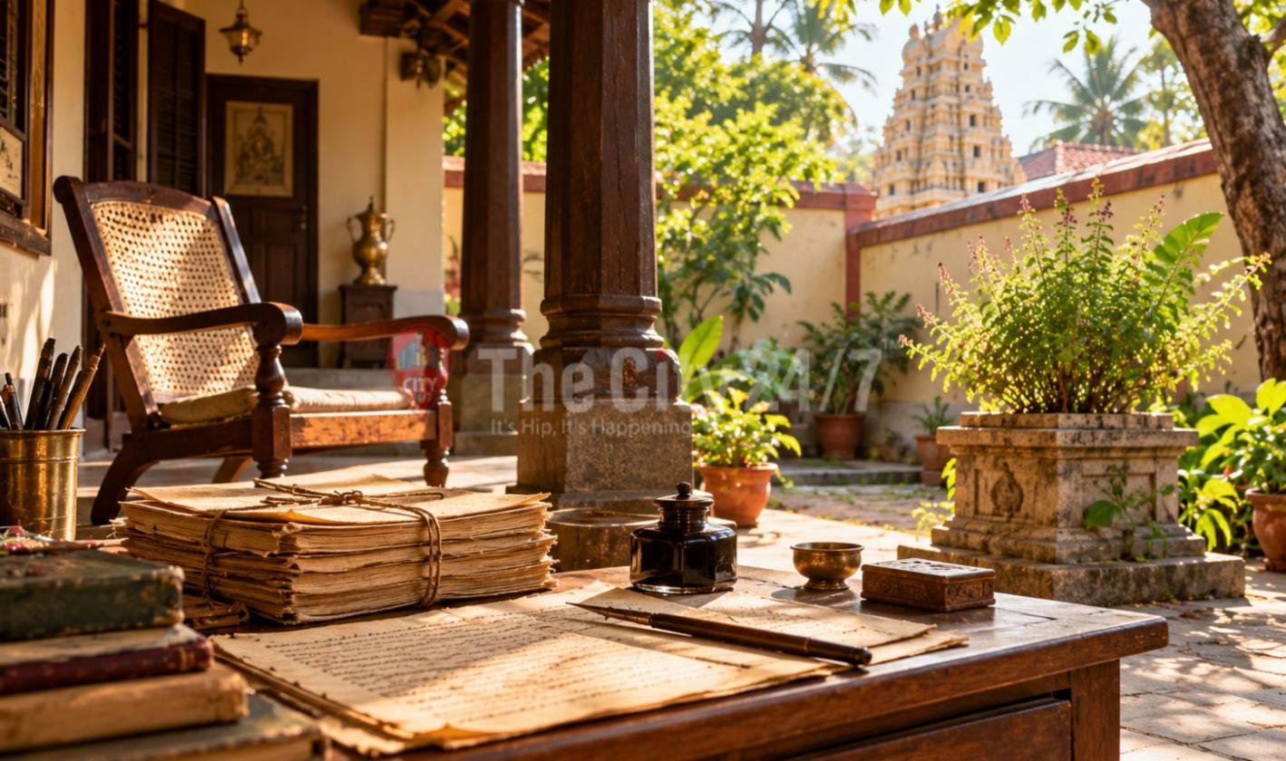 Bundled old manuscripts, an inkwell and a pen on a wooden table in a sunlit courtyard with a cane chair, a tulsi planter and a temple gopuram behind