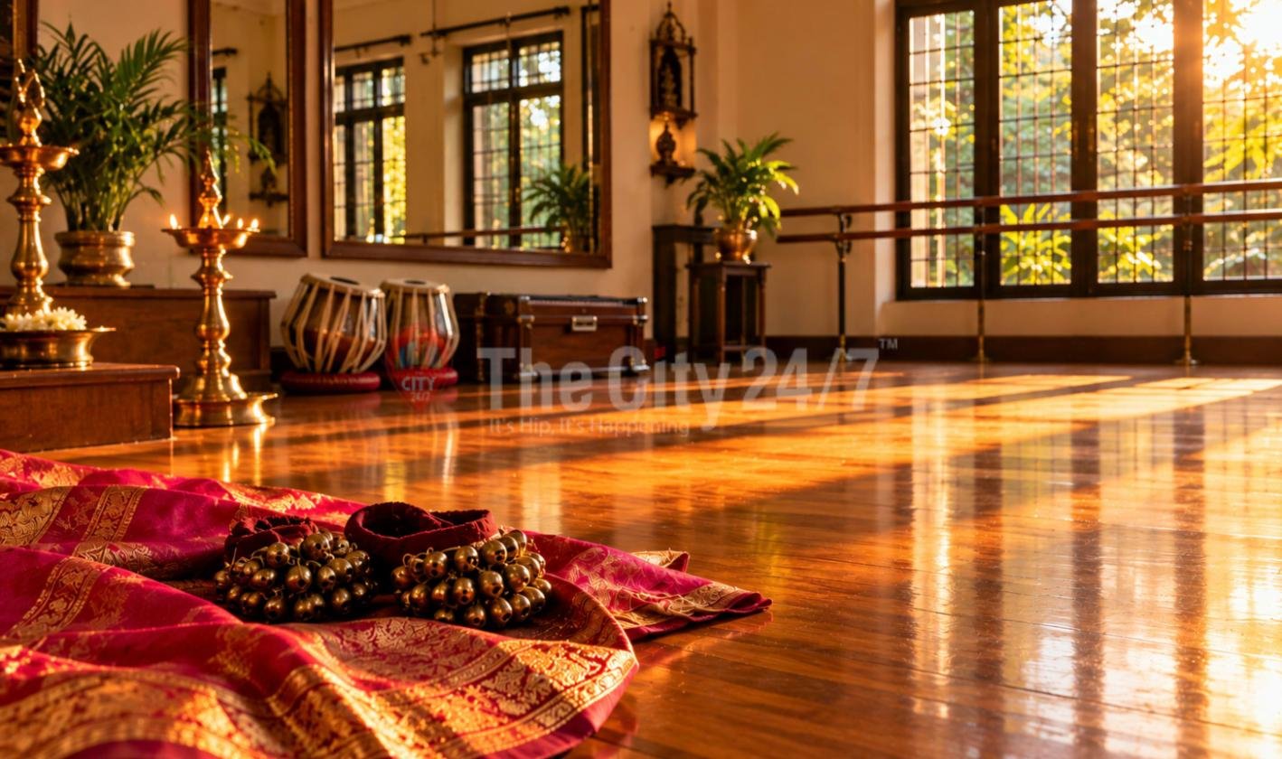 A sunlit dance studio with a polished wooden floor, ghungroo ankle bells on a red and gold silk sari, tabla drums, brass lamps and a wall of mirrors