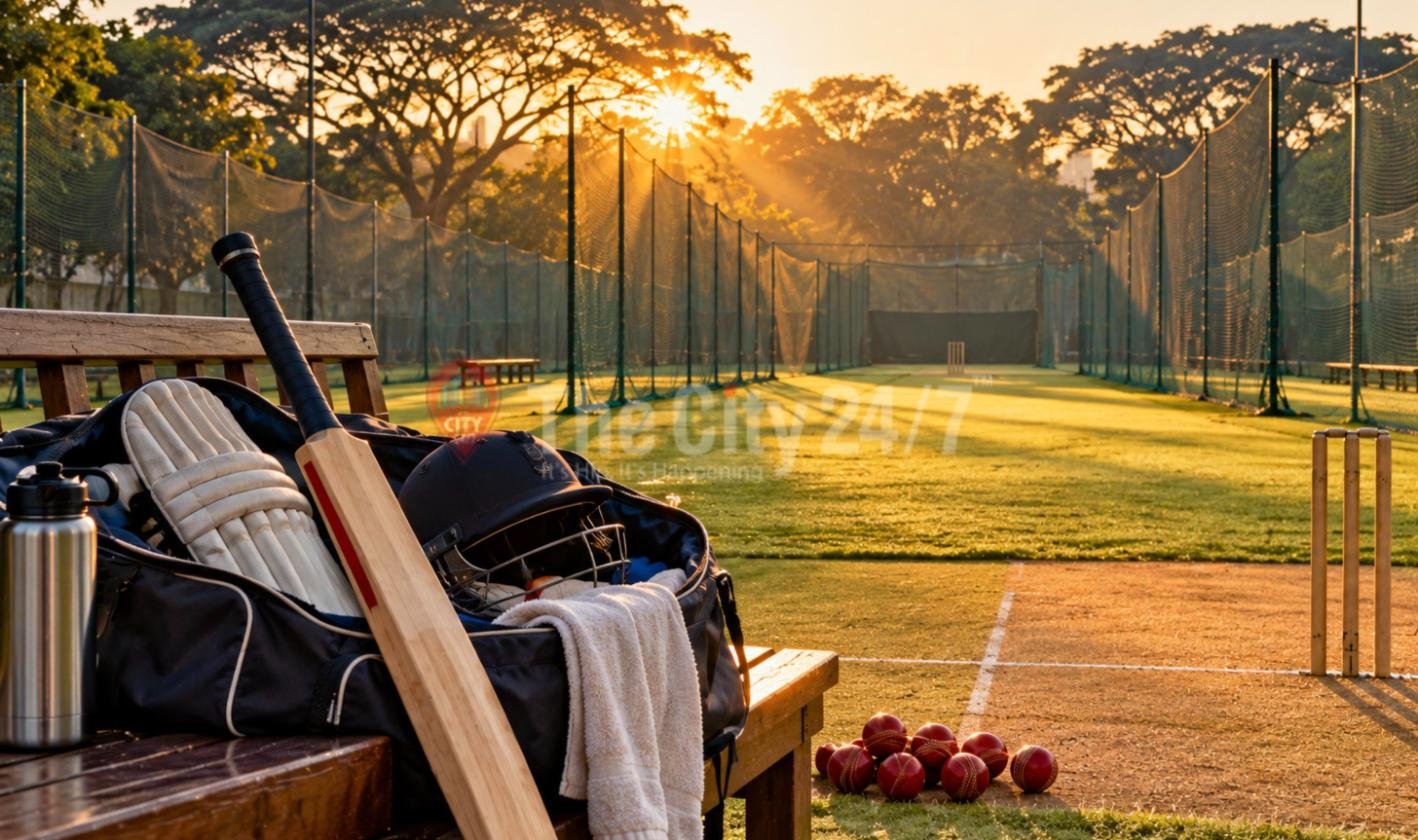 A cricket kit bag with pads, a helmet, a bat and a towel on a bench beside practice nets at sunrise, with red balls on the pitch