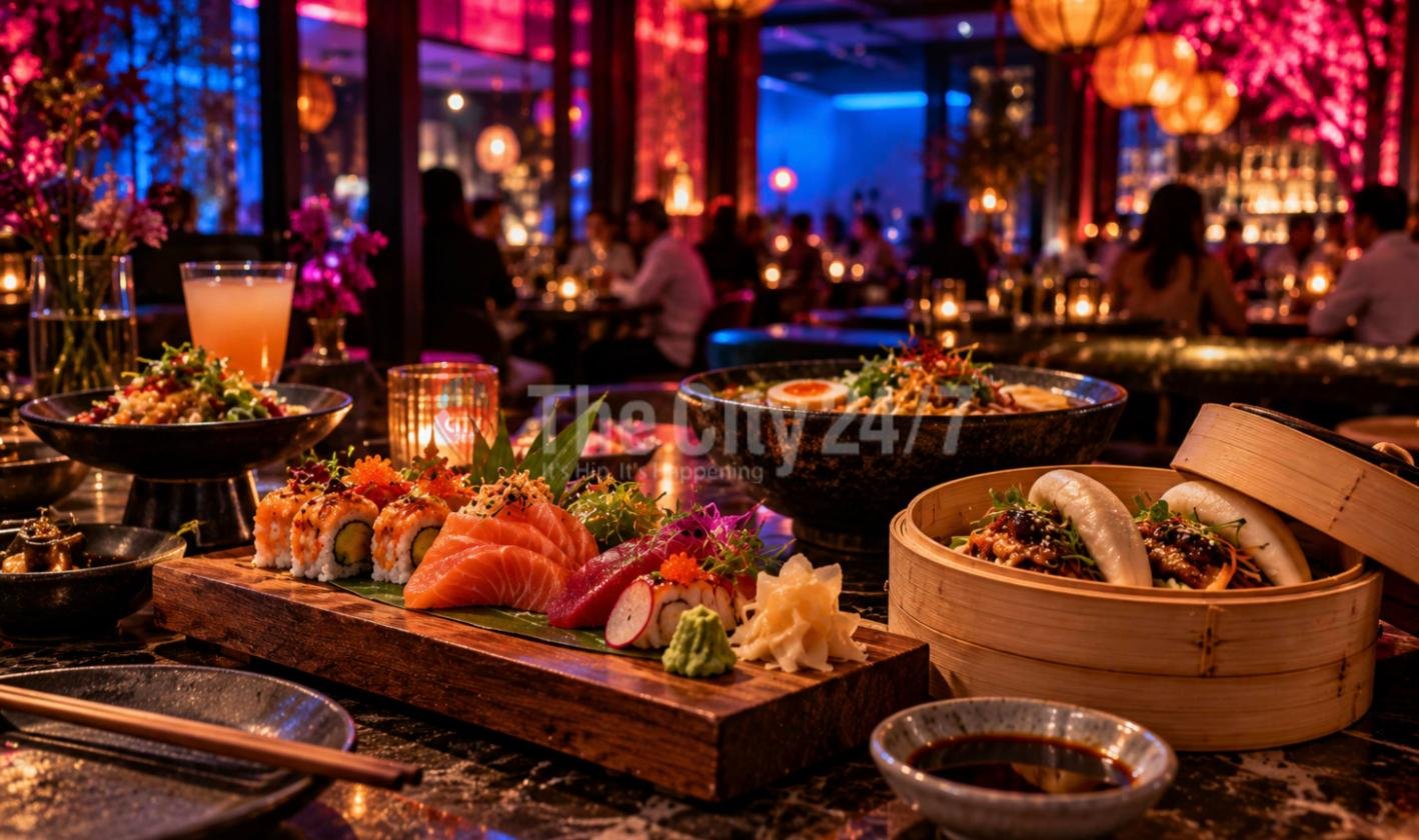 A board of sushi and sashimi, a bamboo steamer of bao and a bowl of ramen on a candlelit table in a busy restaurant lit with pink and blue lights
