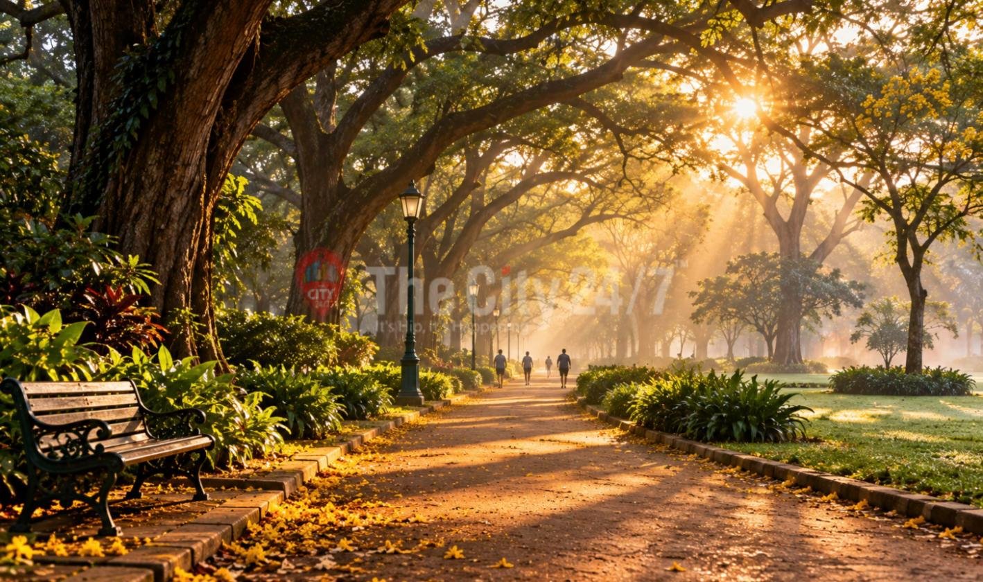 A tree-lined park path at sunrise with walkers in the distance, a cast-iron bench, an old lamp post and yellow blossoms on the ground