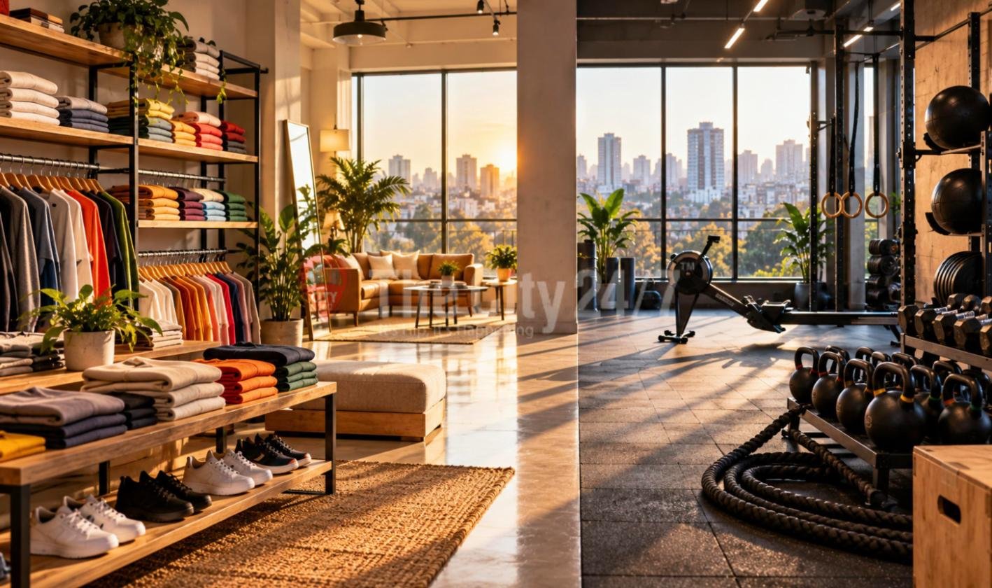 A clothing store with stacked T-shirts, hanging racks and sneakers that opens into a gym with kettlebells, battle ropes and a rowing machine, against a sunset city view