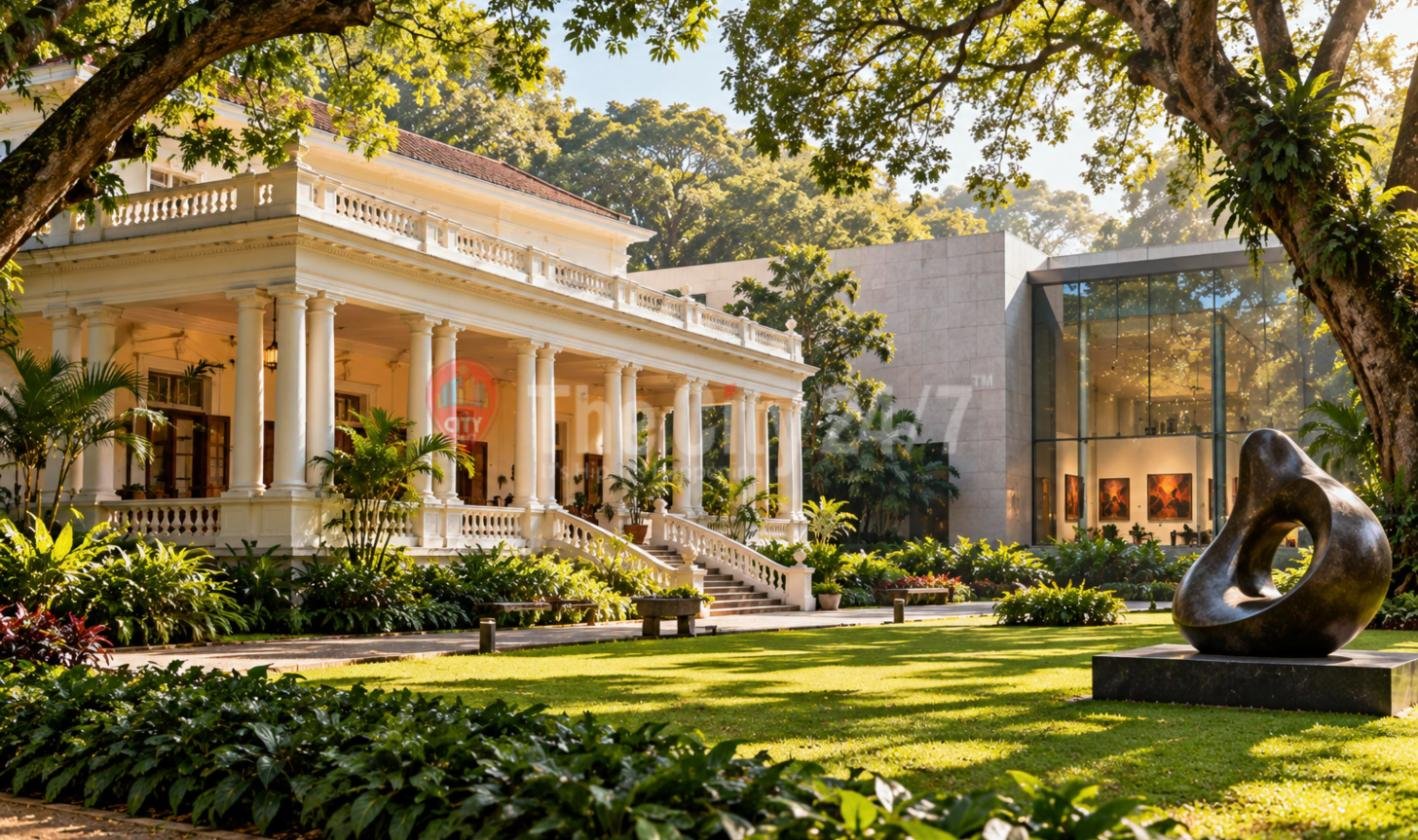 A white colonial mansion with a colonnaded verandah and balustrade, beside a modern glass gallery wing hung with paintings, with a dark bronze abstract sculpture on a sunlit lawn