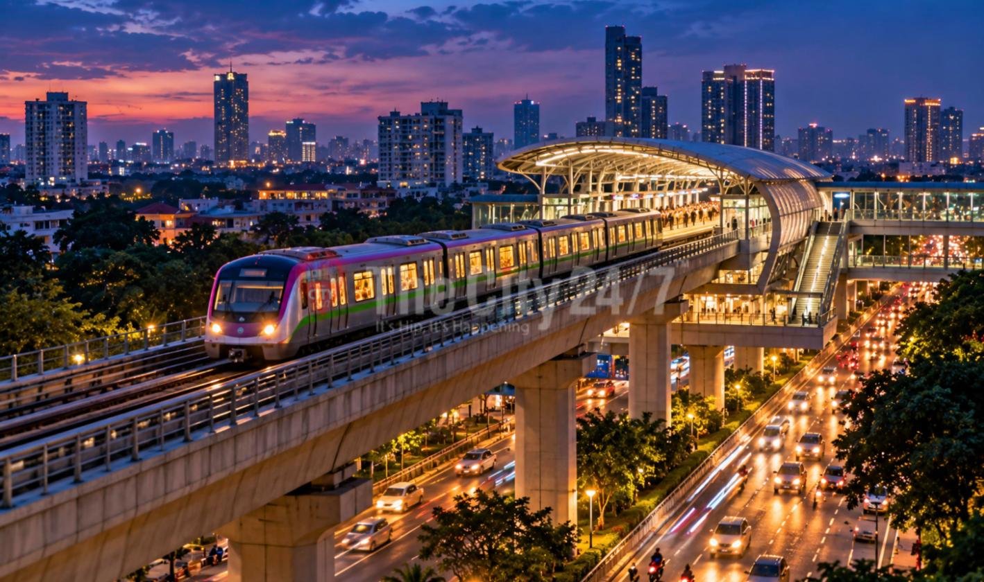 Namma Metro train running past the Bengaluru skyline at dusk