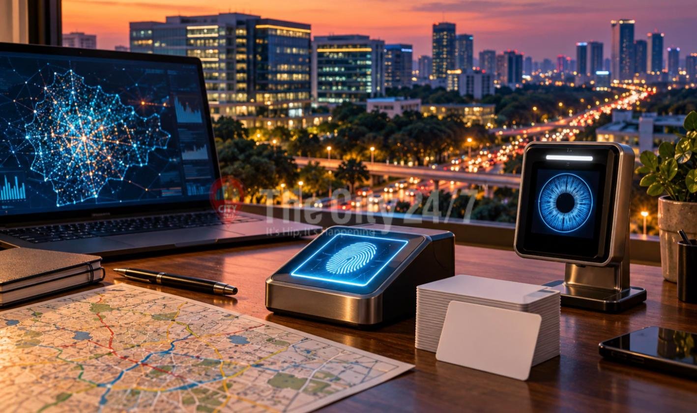 A desk with a fingerprint scanner, an iris scanner, blank ID cards, a city map and a laptop showing a network map, against a twilight city view