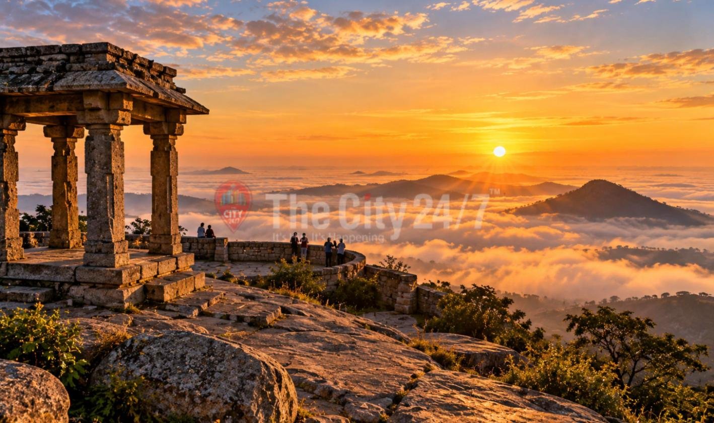 A stone pavilion on a rocky hilltop at sunrise, with visitors at a parapet looking out over a sea of clouds and distant hills