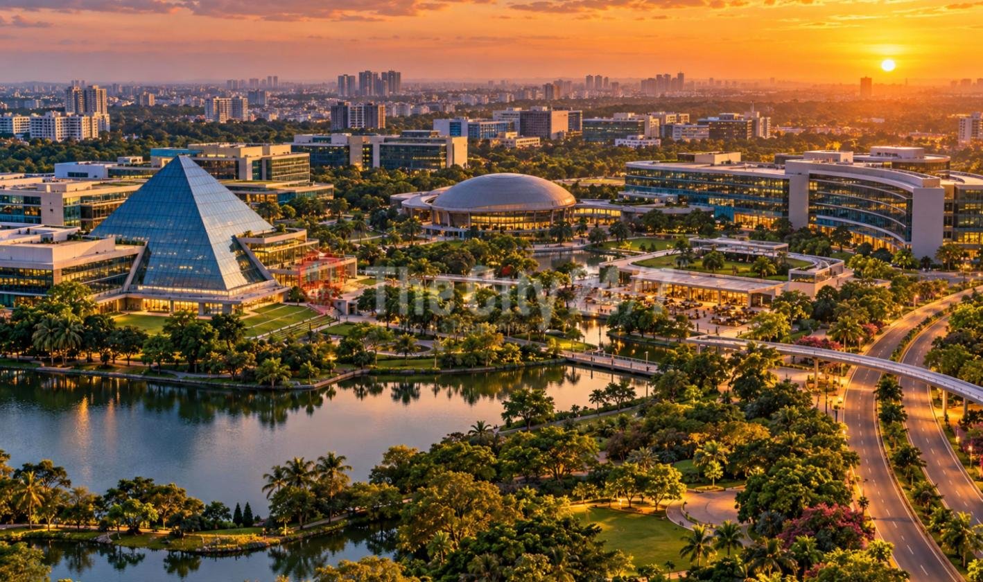 An aerial view of a green tech campus at sunset with a glass pyramid, a domed building and curved office blocks beside a lake