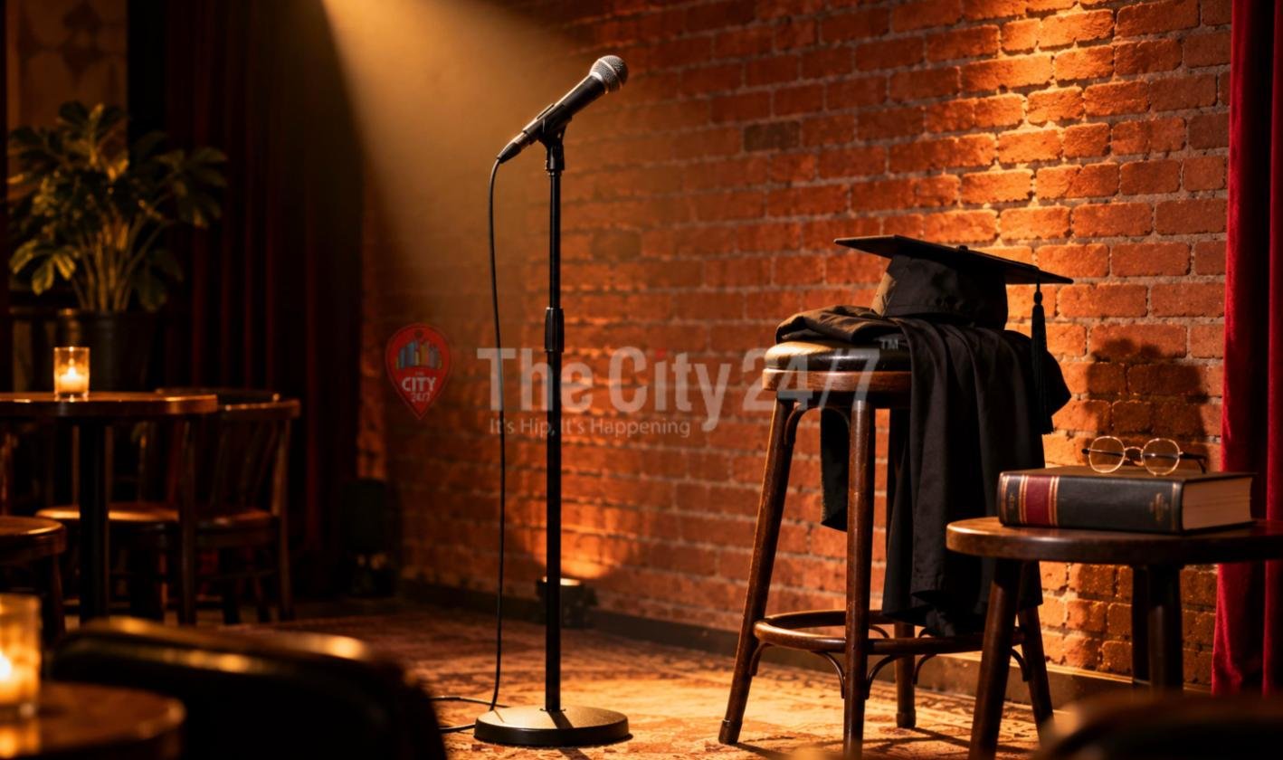 A spotlit microphone on a comedy club stage against a brick wall, beside a bar stool draped with a graduation gown and cap and a law book with spectacles