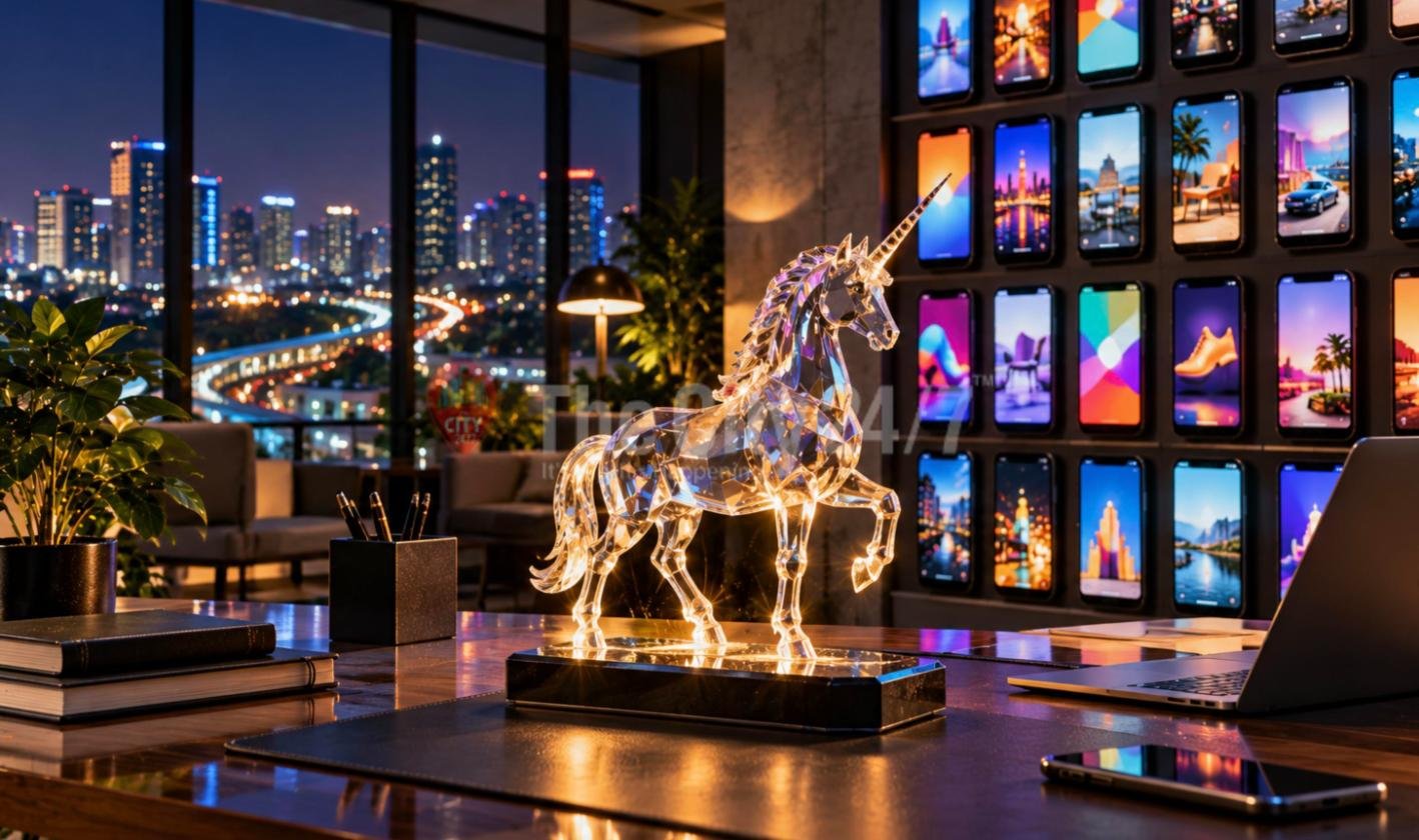 A glowing crystal unicorn statue on a desk in front of a wall of smartphones showing colourful ads, with a night city skyline behind
