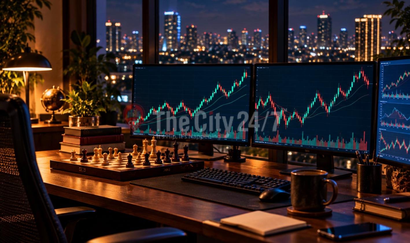 A desk at night with three monitors showing stock candlestick charts, a chessboard, stacked books and a coffee mug, in front of a lit city skyline