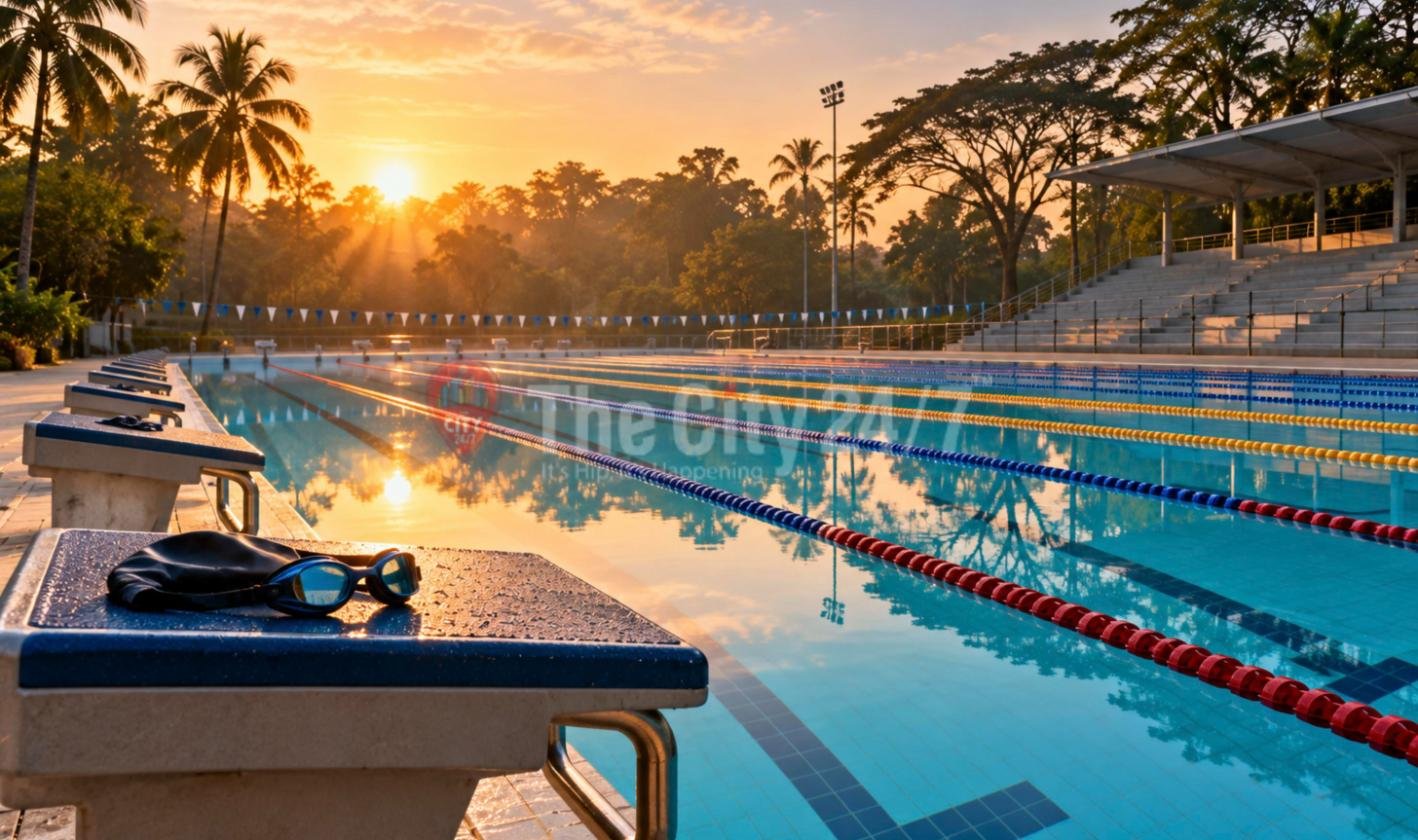 An outdoor competition pool at sunrise with lane ropes, starting blocks and a swim cap and goggles on the nearest block, beside a covered stand