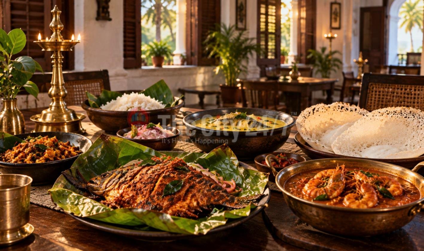 A table of Kerala seafood with a masala-fried fish on banana leaf, prawn curry, fish moilee, appams and rice, beside a lit brass lamp in a colonial-style dining room
