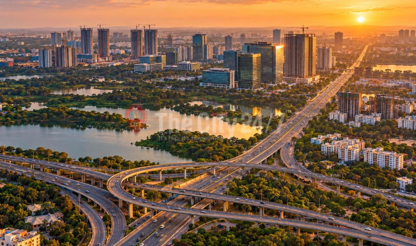 An aerial view at sunset of a looping flyover interchange beside a lake, with an expressway running north past glass office towers and high-rises under construction