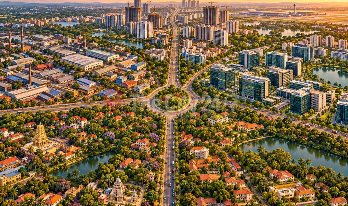 An aerial view of a city split by a long avenue and a roundabout, with industrial sheds, high-rises, glass offices, red-roofed homes, lakes, temple towers and an airport in the distance