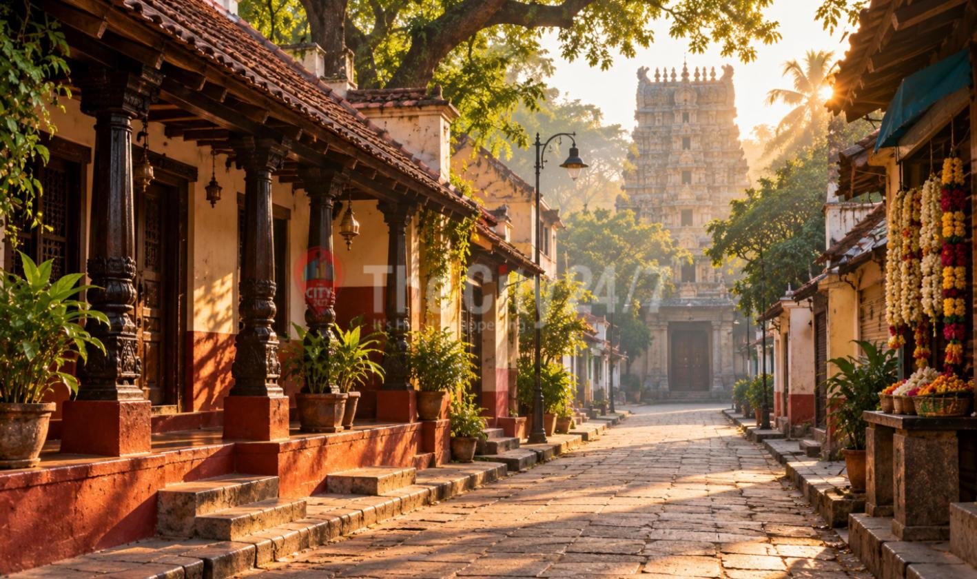 A sunlit stone-paved street of old tiled-roof houses with carved wooden pillars, flower garland stalls and an old lamp post, leading to a tall temple gopuram