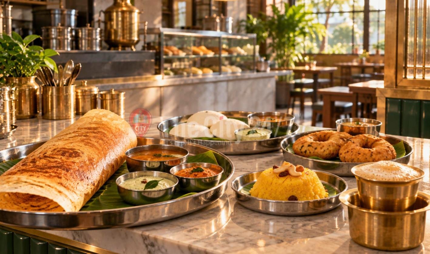 A marble counter laid with a crisp masala dosa on banana leaf, idlis, medu vadas, kesari bath with cashews and chutneys in steel bowls, beside brass tumblers of filter coffee