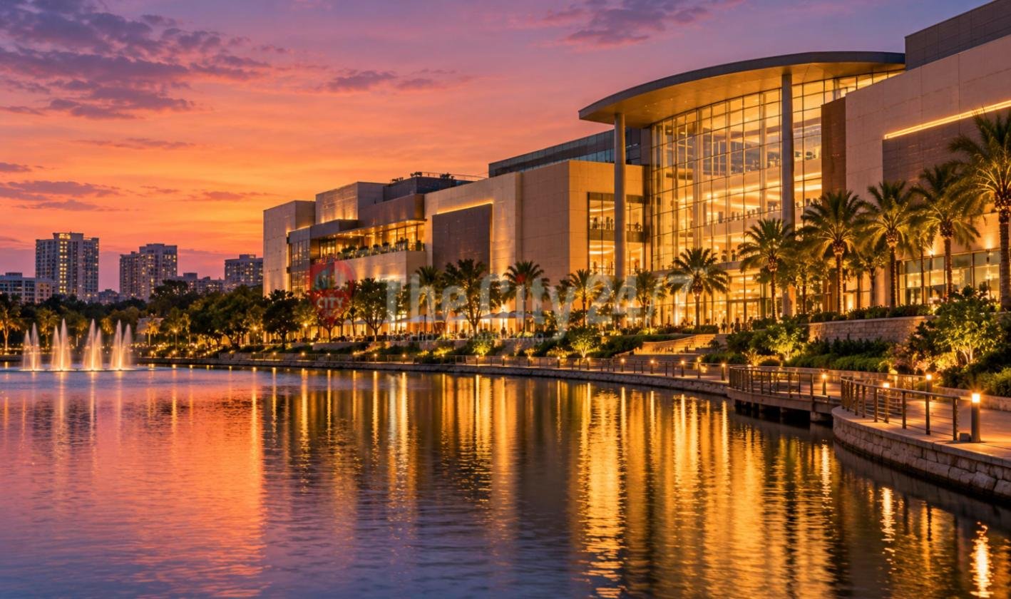 A large glass-fronted mall lit up at dusk along a lakeside promenade lined with palms, with fountains in the water and apartment towers behind