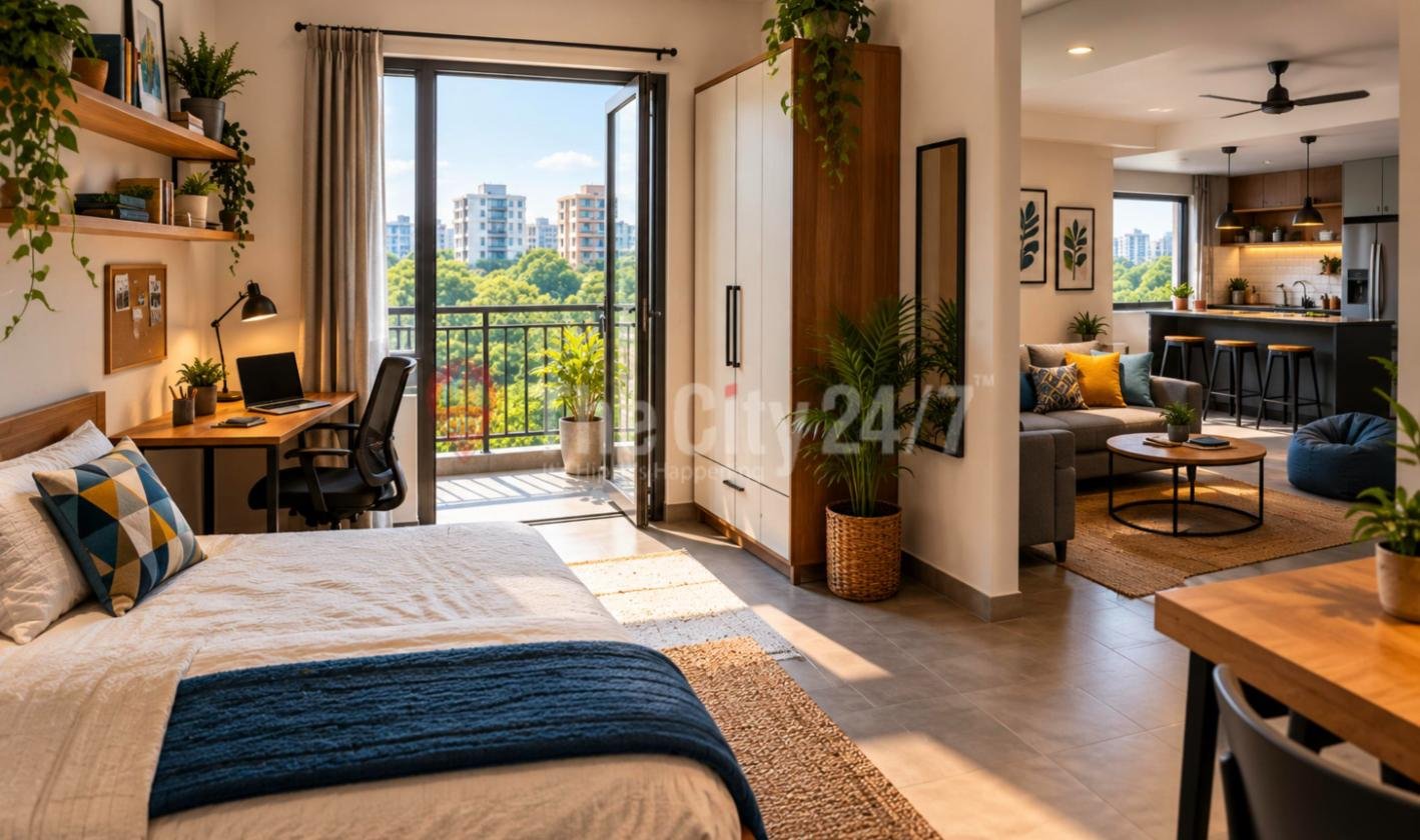 A sunlit furnished studio with a bed, a study desk and laptop, a wardrobe and a balcony door open to treetops, leading into a shared lounge and open kitchen
