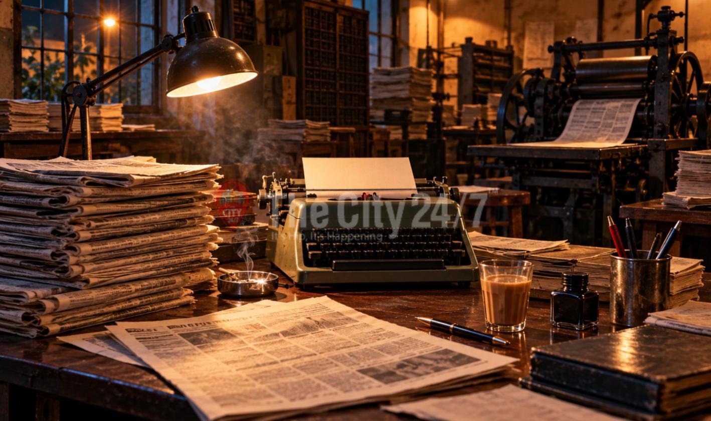 A vintage typewriter on a cluttered desk under a lamp, surrounded by stacks of newspapers, a glass of tea, an ink bottle and an ashtray, with an old printing press behind