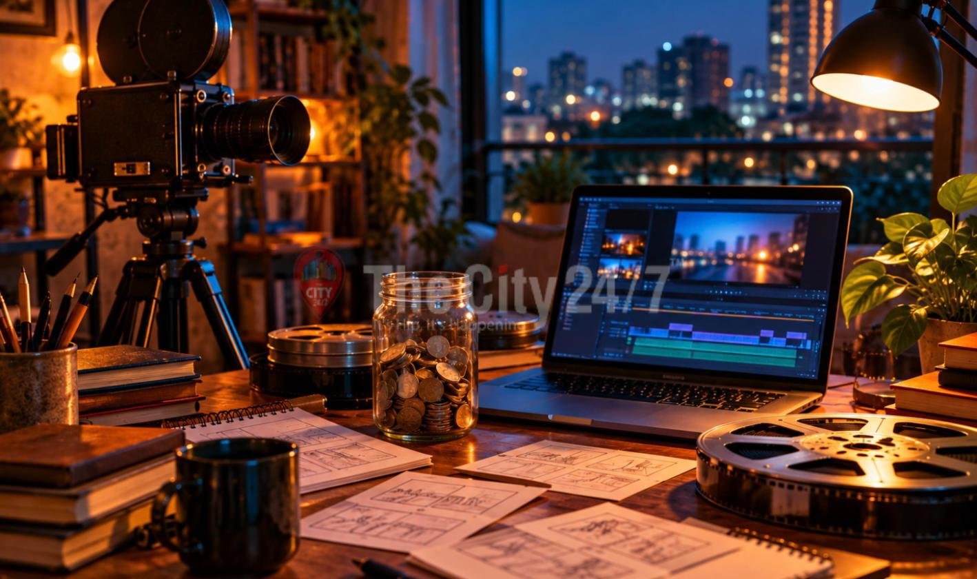A filmmaker's desk at night with a vintage film camera on a tripod, film reels, storyboard sketches, a jar of coins and a laptop running editing software, against a lit city skyline