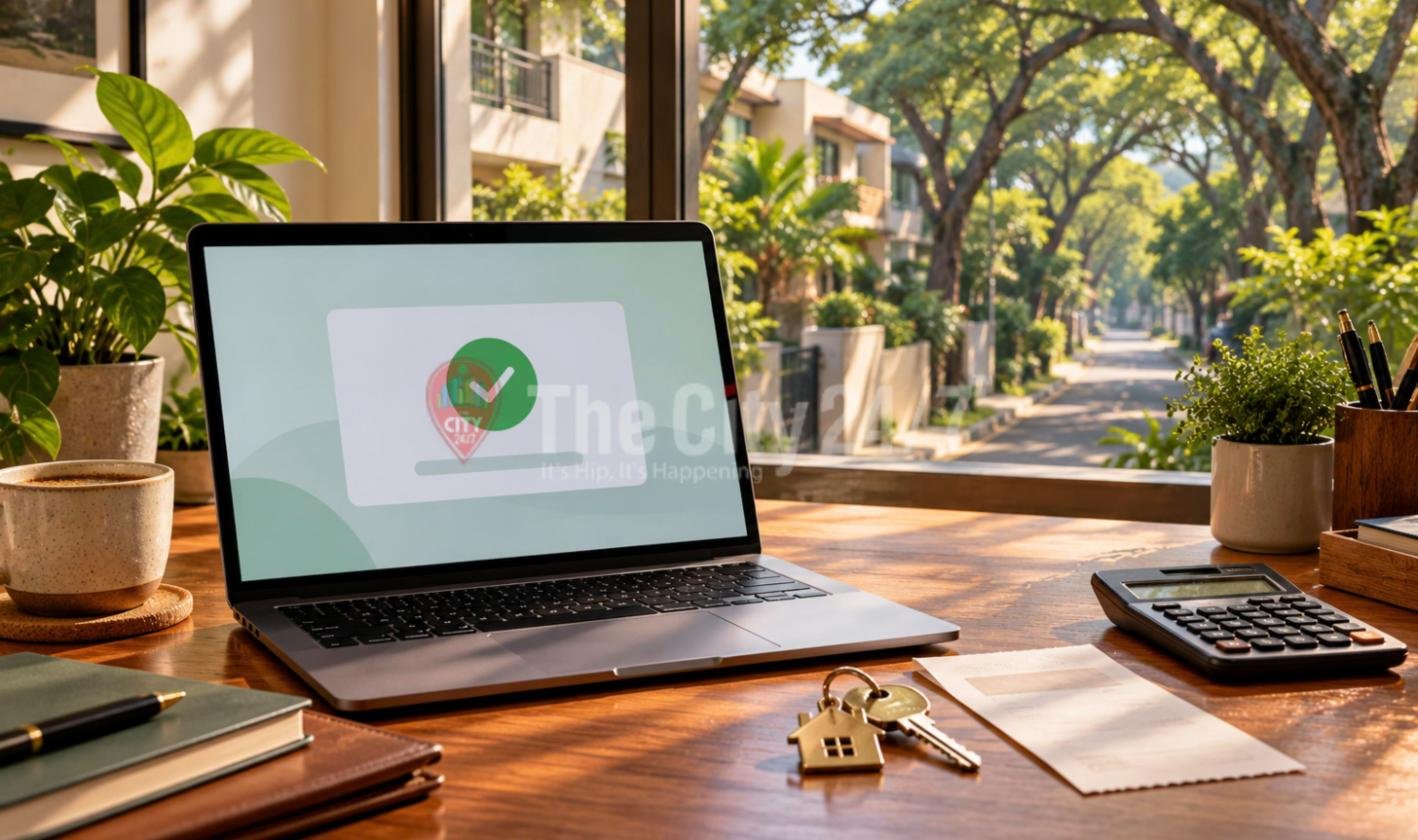 A laptop showing a payment confirmation tick on a sunlit desk beside house keys, a receipt, a calculator and a cup of coffee, with a tree-lined residential street outside